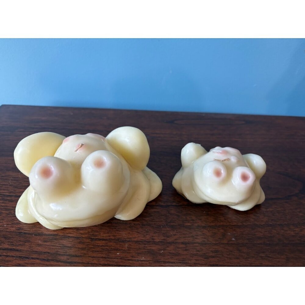 2 Vtg Adorable Frog Shaped Wax‎ Candle Set Cream Retro Quirky